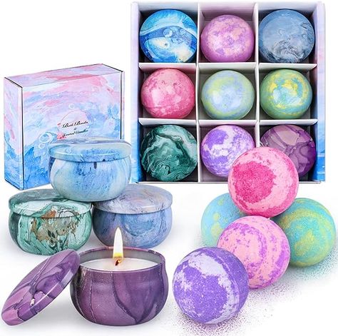 OFUN Bath Bombs & Scented Candles Gift Set, Large Bombs for Women Gifts, Spa Gift Idea for Girls, Friends, Kids Girlfriends Mum Mother's Day Birthday | 5 Bubble Balls & 4 Organic Soy Candles Bubble Bath Bomb, Organic Bath Products, Spa Gifts Set, Relaxation Gifts, Gift Sets For Women, Candle Gift Set, Women Gifts, Spa Gifts, Friend Birthday Gifts