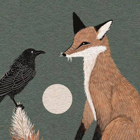 Sarah Kiser on Instagram: "Eggnore tall tails and stay away from seedy characters. 🌝 . . . . . . . . . . . . . . . . . . #crow #crowart #woodlandcreatures #folkart #folkartbird #cottagecore #illustration #animalart #illustrationartist #nature #naturelovers #birdnest #botanical #fox #foxart #femaleartist #illustrationartist #digitalpainting #digitalillustration #colorcrush #natureart #colorfulcreative #art #draw #photoshopillustration #witchystuff #witchyart #spring #birdart #birder" Fox And Crow Art, Fox And Bird Art, Cute Crow Illustration, Fall Fox Drawing, Fox Folk Art, Fox And Crow, Cottagecore Illustration, Crow Illustration, Fox Aesthetic