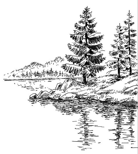 River Illustration Simple, Bank Wallpaper, River Drawing, Blurry Images, Landscape Pencil Drawings, Draw Anything, Nature Art Drawings, Nature Sketch, Tree Sketches