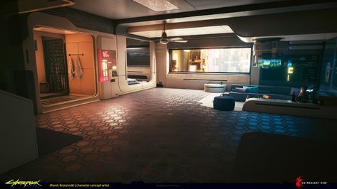 ArtStation - Player's apartment - environment design - Cyberpunk 2077, Marek Brzezinski Cyberpunk Interior Design, Cyberpunk 2077 Concept Art, Cyberpunk Apartment, Cyberpunk Interior, Cyberpunk Room, Futuristic Interior Design, Apartment Makeover, Futuristic Interior, Cyberpunk Aesthetic