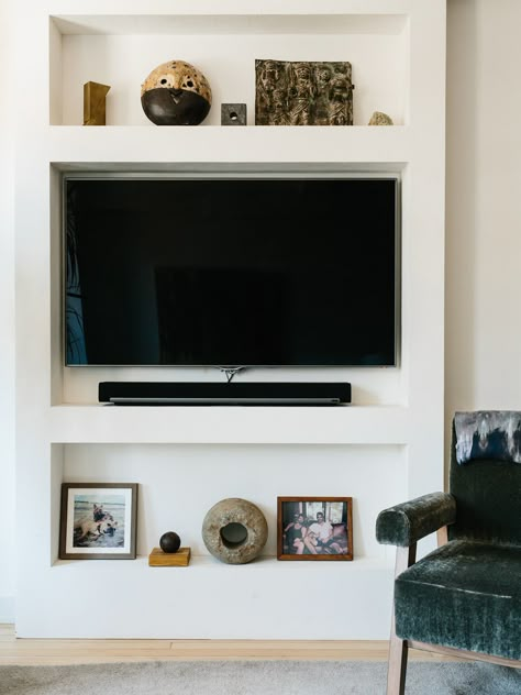 Built In Shelves Living Room With Tv Small Spaces, Tv In The Wall Ideas, Tv On Narrow Wall, Sunken Tv In Wall, Wall Niche Ideas Living Room Tv, Recess Tv In Wall, Recessed Tv Wall Built Ins, Wall Mounted Tv In Alcove, Recessed Wall Mounted Tv Ideas