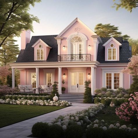 Pink Coquette House Exterior, Bloxburg House Ideas Coquette Exterior, Spring Home Exterior, Pink House Aesthetic Interior, Pink Building Aesthetic, Coquette House Exterior, Cute Cottage Exterior, Pink Home Aesthetic, Cute Pink House