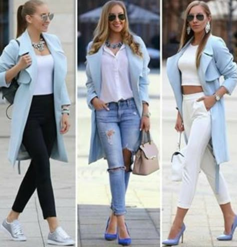 Light Blue Coat Outfit, Light Blue Blazer Outfit, Blue Coat Outfit, Baby Blue Outfit, Blue Blazer Outfit, Light Blue Blazer, Mode Mantel, Blazer Outfits For Women, Casual Work Outfits