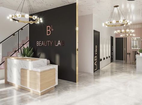 Beauty Salon Front Desk, Black And Gold Spa Decor, Black And Gold Esthetician Room, Studio Waiting Area, Salon Waiting Area Ideas, Black And Gold Salon, Business Office Interior Design, Salon Equipment Furniture, Home Beauty Salon