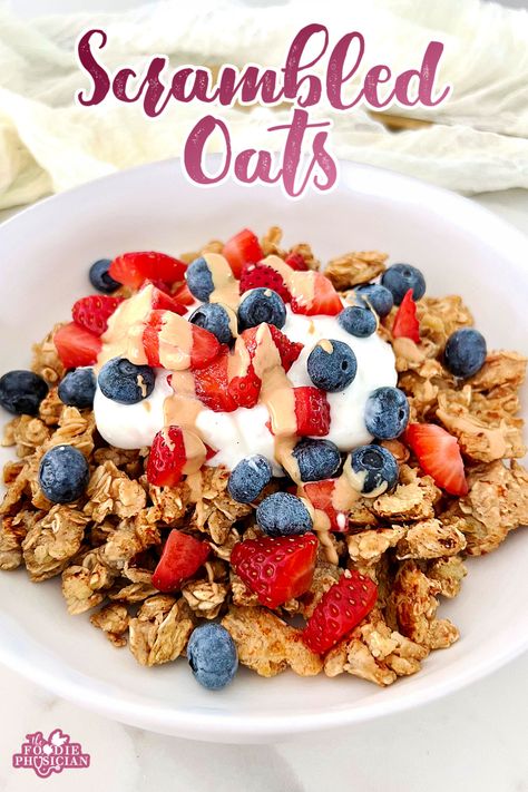 Scrambled Oats (Viral Recipe) Protein Scrambled Oats, Toasted Oats Recipe, Oatmeal Scramble, Oat Scramble, Scrambled Oats Recipe, Scramble Bowl, Scrambled Oats, Blueberry Chia Seed Jam, Soft Granola