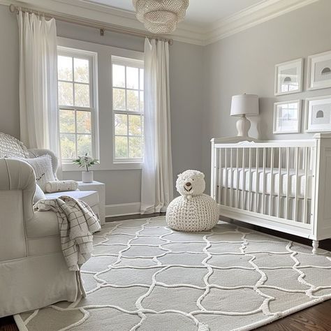 Elegant nursery room with white crib, plush bear, and stylish decor in soothing neutral tones for newborns. Grey Nursery Walls, Neutral Nursery Rooms, Grey Nursery Boy, Elegant Nursery, Nursery Room Furniture, Baby Nurseries, White Crib, Fun Nursery, Nursery Style