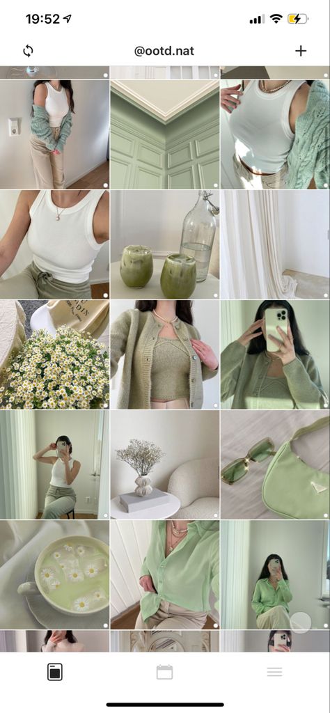 Sage Instagram Feed, Green Ig Aesthetic, Green Instagram Feed Ideas, Sage Green Instagram Feed, Pink And Green Instagram Feed, Tiktok Feed Aesthetic, Green Ig Feed, Aesthetic Instagram Feed Ideas Colorful, Green Aesthetic Instagram Feed