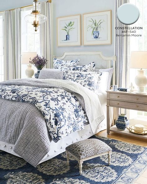 August - September 2019 Paint Colors | How to Decorate Blue And White Bedding, Toile Bedding, Blue And White Decor, Traditional Bedroom, Blue Bedroom, Master Bedrooms Decor, Ballard Designs, White Bedding