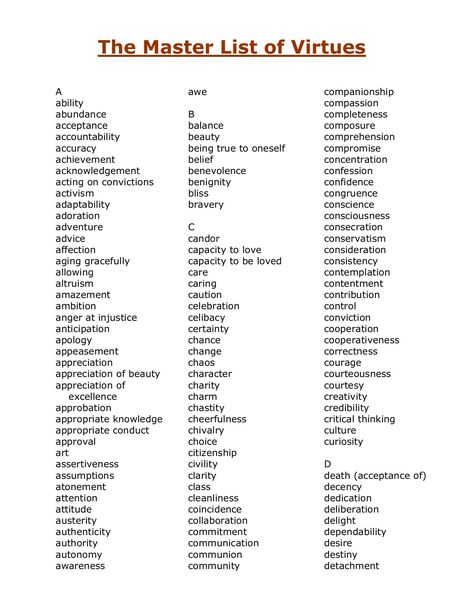 The Master List of Virtues and Vices - Belief Closet List Of Virtues, Skills And Talents List, Powers List, Character Virtues, Powerful Words List, List Of Values, Personal Core Values, Power Words, Master List