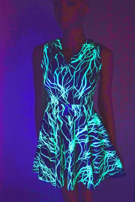 What to Wear to a Glow Party: 90 Blacklight Party Outfits! Blacklight Party Outfit, Neon Green Lightning, Glow Outfits, Green Lightning, Fairy Wings Costume, Light Up Dresses, Blacklight Party, Dress In, Neon Dresses