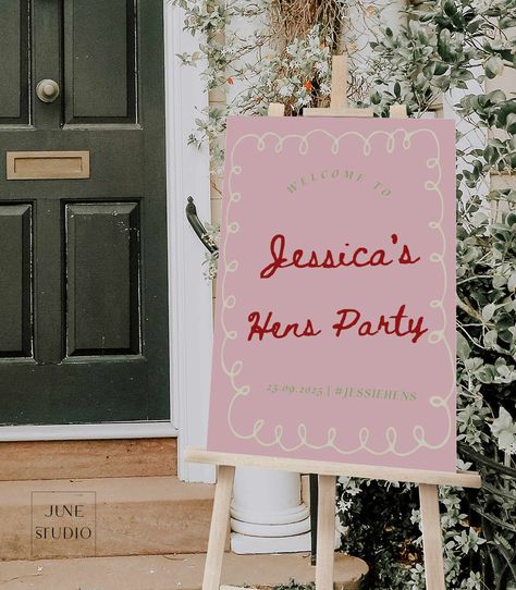 The listing is for Hens Party Welcome Sign Template in Valentina Collection. This design feature cute hand-written font, hand drawn border and pink background. However you can change colour of all elements in the signage to match your party theme. Whether you have a birthday, bridal shower, hens party or engagement party, this design will add a special touch to your event. Bachelorette Party Hotel Room, Hotel Bachelorette Party, Modern Bachelorette Party, Bachelorette Party Decoration, Hens Party Themes, Hand Drawn Border, Hen Party Decorations, Hens Party Invitations, Party Welcome Sign