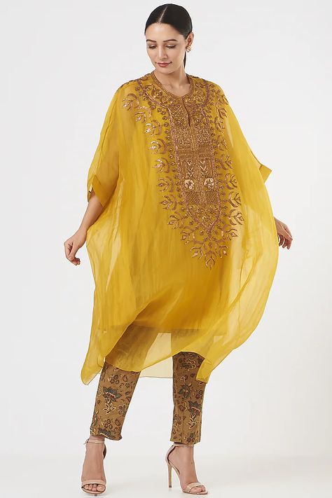 Mustard Organza Embroidered Kaftan Set Design by Divya Sheth at Pernia's Pop Up Shop 2022 Organza Kaftan, Kaftan Set, Kaftan Kurta, Kaftan Styles, Embroidered Kaftan, Kaftan Designs, Indian Fashion Designers, Kurta With Pants, Indo Western