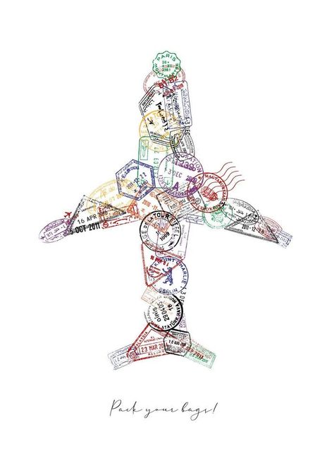 Airplane made from a passport stamps different countries with lettering pack your bags Passport Graphic Design, Aesthetic Travel Wallpaper, Travel Stamps, Travel Background, Travel Collage, Travel Stamp, Travel Ads, Passport Stamps, Print Design Art