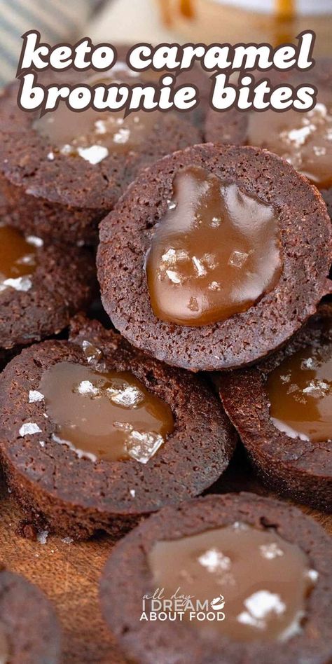 These delectable Keto Brownie Bites are filled with gooey sugar free caramel sauce. With less than 3g total carbs per serving, you can afford to indulge! #lowcarbrecipes #ketodessert #browniebites #saltedcaramel #saltedcaramel Sugar Free Caramel Sauce, Sugar Free Caramel, Low Carb Treat, Salted Caramel Brownie, Keto Cakes, Keto Bars, Brownie Cups, Salted Caramel Brownies, Keto Christmas