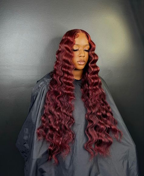 Red Hair Crimps, Pretty Wig Hairstyles, Red Crimped Wig, Middle Part With Crimps, Burgundy Deep Wave, Frontal Wig Hairstyles, Lace Fronts, Wigs Glueless, Lace Frontal Wigs