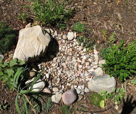 You may have heard of a dry creek as part of a landscape.  It gives the feel of a water feature without actually using water.  Some are designed to fill ... Dry Pond, Bed Idea, Shade Grass, Garden Ponds, Dry Creek Bed, Dry River, Diy Pond, Small Water Features, Pond Landscaping