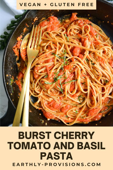 This Cherry Tomato and Basil Pasta is the perfect summertime 30 minute dinner. The sauce is made of flavorful burst cherry tomatoes and finished with basil. Its simple and delicious. And its vegan and gluten free! Vegan Puttanesca, Burst Cherry Tomatoes, Semolina Pasta, Cherry Tomato Recipes, Tomato Basil Pasta, Pasta Noodle Recipe, Cherry Tomato Pasta, Lentil Pasta, Italian Pasta Dishes