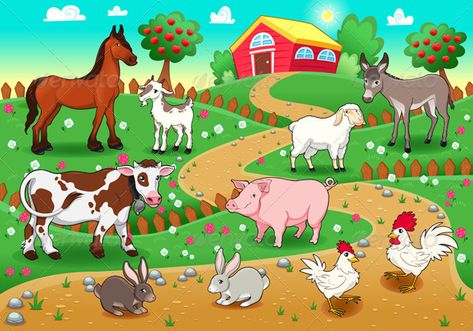 Farm animals with background.  #GraphicRiver         Farm animals with background. Vector and cartoon illustration.  	 Folder contains:  	 EPS file; High Resolution JPG file; High Resolution PSD file.     Created: 28September12 GraphicsFilesIncluded: PhotoshopPSD #JPGImage #VectorEPS Layered: No MinimumAdobeCSVersion: CS Tags: animal #bovine #cartoon #character #chicken #cow #donkey #family #farm #fruit #goat #group #happy #hen #hog #horse #house #illustration #jackass #landscape #mule #object # Animal Farm Illustration, Farm Illustration, Animal Pictures For Kids, Farm Cartoon, Picture Composition, Sheep Farm, Background Clipart, House Illustration, Animal Activities