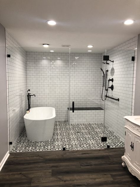 Bathroom With Shower Room, Open Shower Ideas Walk In With Tub, Wet Room Remodel, Walk In Bath Shower Combo, Bathroom Remodel Double Wide, Basic Shower Tile, Seamless Shower Tile, Master Bath Wet Room Tile Ideas, Tub Inside Shower Layout Master Bath