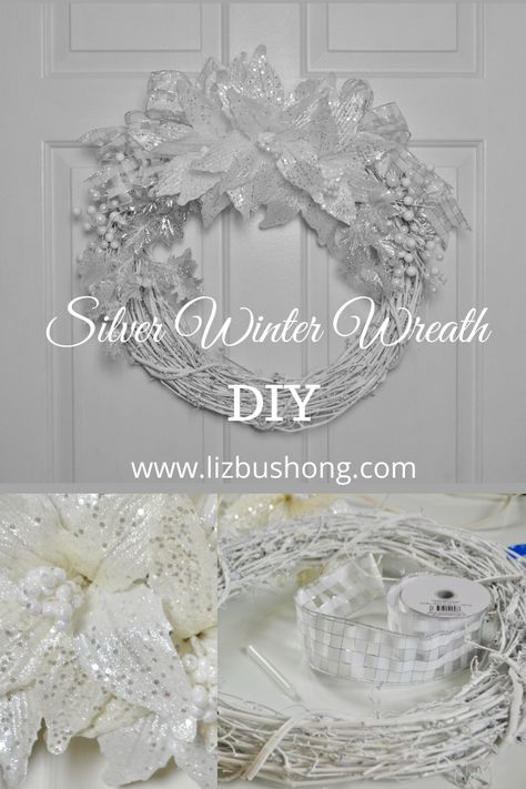 Easy Silver Winter Wreath DIY Project - Liz Bushong, grapevine wreath painted white with faux sparkling poinsettias, ribbon and berries. White Grapevine Wreath, Bridal Shower Wreaths, Sparkle Paint, White Table Settings, Winter Wreath Diy, Winter Bridal Showers, Unique Floral Arrangements, Easy Diy Christmas Gifts, Wreath Project