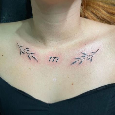 @rebekkerz on Instagram: "Minimal chest tattoos and angel numbers for @ladiablatatuada,, thank you darling for sitting so well ✨ Done at @blacksheepbodyarts #arubatattoo #arubatattooartist #angelnumbers #cheyennetattooequipment #dynamicink #dynamicblack #minimaltattoo #chesttattoo #tatuaje #angelnumbertattoo #finelinetattoo #fineline #delicatetattoo #symmetricaltattoo #collarbonetattoo #solnova #solnovamachine" Angel Number On Chest, Collar Bone Tattoo Angel Numbers, Angel Number Collar Bone Tattoo, Angel Numbers Chest Tattoo, Middle Of Collar Bone Tattoo, Chest Number Tattoo, Minimal Chest Tattoo, Symmetrical Collar Bone Tattoo, 110 Tattoo