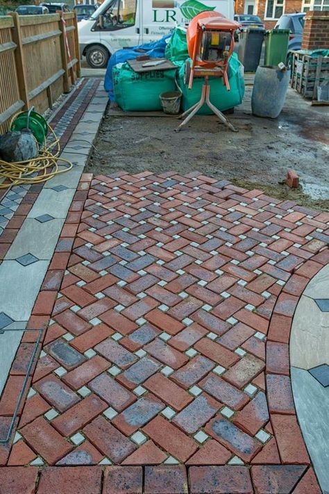 Brick Parking Pad, Brick Design Pattern, Brick Paver Patterns, Best Greige Paint, Best Greige, Brick Paver Patio, Koti Diy, Paver Designs, Concrete Patio Designs