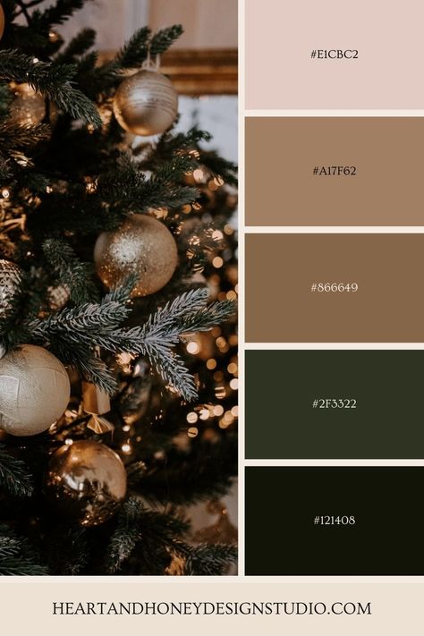 christmas inspired color palette - christmas tree decorated with gold ornaments and warm christmas lights Green And Bronze Christmas Decor, Color Theme For Christmas Tree, Christmas Party Color Themes, Family Christmas Color Schemes, Earthy Christmas Color Palette, Christmas Wedding Color Palette Colour Schemes, Gold And Silver Color Palette, Christmas Decorations Color Schemes, Color Pallet Christmas