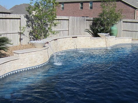 Ivory Travertine Stacked Stone Ledger | Ivory Travertine Panel Ledger Pool Scuppers, Split Face Travertine, Curved Pool, Pool Waterline, Waterline Tile, Pool Waterfalls, Pool Paving, Pool Resurfacing, Pool Decking