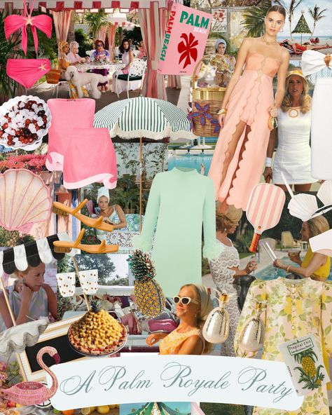 A Palm Royale Party - Monica Gisele Palm Springs Party Outfit, Slim Aarons Pool Party, West Palm Beach Bachelorette Theme, Palm Beach Bridal Shower Theme, Palm Royale Party Outfit, Resort Themed Party, Palm Royale Bachelorette, Palm Beach Party Theme, Palm Royale Party Theme