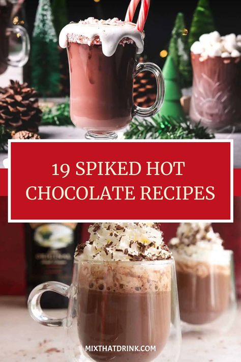 Spiked hot chocolate is just what you need right now. These boozy hot chocolate recipes are rich and creamy, perfect for sipping on a cold evening. Hot Coco Alcohol Drink, Hot Chocolate Alcoholic Drinks Easy, Boozy Hot Chocolate Recipe, Hot Chocolate Drinks With Alcohol, Spiked Hot Chocolate Crockpot, Hot Chocolate Cocktails, Boozy Hot Chocolate Bar, Alcohol Hot Chocolate, Hot Chocolate Alcoholic Drinks