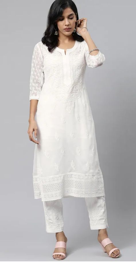 White Chinkari Kurti, White Chudidar Dress, White Kurta Neck Designs Women, Chudidhar Pant Models For Stitching, White Kurtis For Women, Plain White Kurti Designs Cotton, Plain White Kurta Designs Women, White Lace Kurti Designs, Simple White Kurti Designs