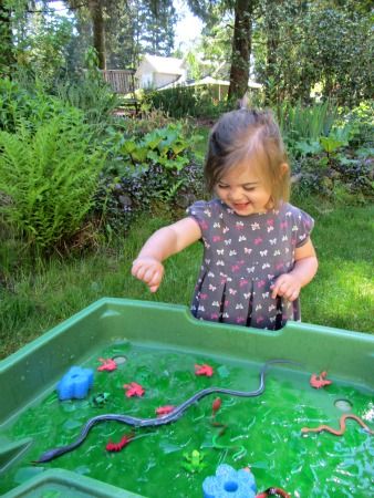 A swamp made from Gelatine! Very easy to do and very easy to choose a theme for play. Great sensory activity. Rubber Maid, Preschool Jungle, Jungle Activities, Sensory Tubs, Rainforest Theme, Sensory Tub, Rumble In The Jungle, Sensory Ideas, Learning Differences