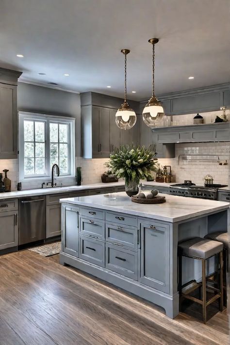 Greige kitchen island in a transitional kitchen Kitchen Island Paint Colors 2024, Greige Kitchen Island, Different Color Kitchen Island, Kitchen Island Accent Color, Kitchen With Grey Cabinets, Transitional Farmhouse Kitchen, Kitchen Island Colors, Contrasting Kitchen Island, Modern Farmhouse Kitchen Island