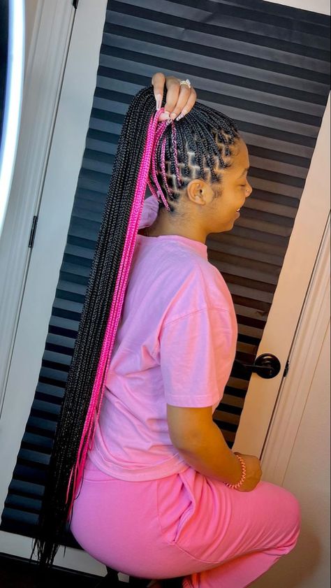 Pink Nd Black Braids, Braided French Braids Black Hair, Pink Pikaboo Braids, Pink Peekaboo Highlights Braids, Peak A Boo Braids Pink, Pink And Black Peakaboo Braids, Skunk Patch Braids, Hot Pink Peekaboo Braids, Pink Peekaboo Hair Braids