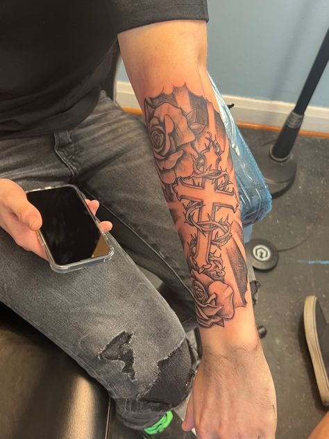 Men’s Forearm Tat, King Cid Tattoo, Arm Tats Men Sleeve, God Tattoo Ideas For Men, Mens Tattoo Ideas Sleeve Inspiration Men, Black Person Tattoo, Outside Forearm Tattoo Men Ideas, Trap Tattoos Men Forearm, Forearm Tattoos Men Unique