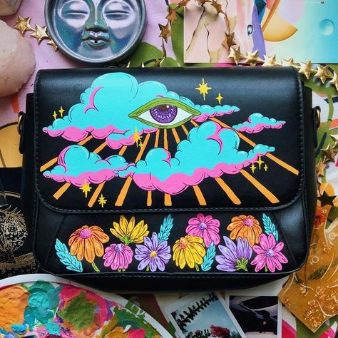 Rosie Moon 🌙 on Instagram: "🧿 The Alexandra Purse 🌸 Hand-painted on vegan leather. #paintedpurse #handbag #trippy #handpainted #thriftflip Hand Painted Bags Handbags, Painted Leather Purse, Hand Painted Leather Bag, Painted Leather Bag, Hand Painted Purses, Painted Handbag, Painted Purse, Paper Quilling Jewelry, Lesson Learned