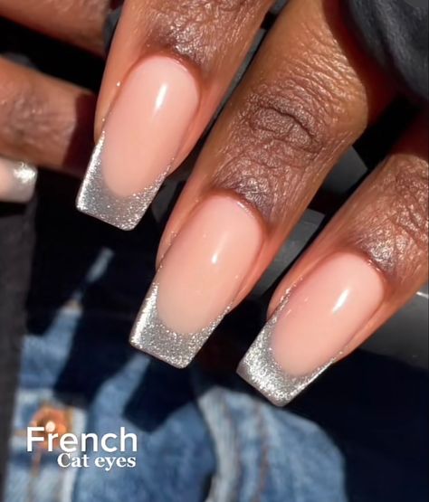 French Manicure Cat Eye Nails, Cat Eye French Tip Nails Coffin, Magnetic Acrylic Nails, White Cat Eye French Tip Nails, Magnetic Nail Polish French Tip, Cats Eye French Nails, Irredescent Nails French Tip, Cat Eye French Tip Nails Square, Cat Eye Square Nails