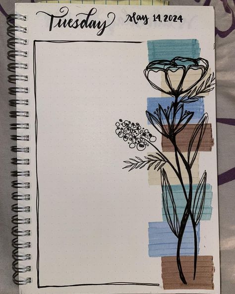 Journal art for the week starting May 13, 2024 (Sometimes I forget to take a picture before I start writing in it, hence the splotchy background in some pics. ¯\_(ツ)_/¯ ) #journalart #justtamar #drawingeveryday #handdrawn #creativejournaling #handdrawnart Starting Page For Journal, Project Designs Ideas, Creative Design For Projects, How To Write Index For Project, Letter Writing Design, Journals Design Ideas, Creative Front Page Ideas For Projects, Background Ideas For Project, Index Design Creative