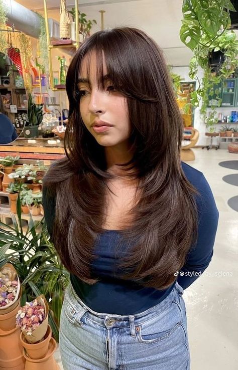 25 Wispy Bangs Style Ideas for Stylish Women Metamorphosis Manga Saki, Layers And Curtains Bangs, Layer Haircut For Long Hair With Bangs, Shaggy Layers With Wispy Bangs, Long Haircut Bangs Round Face, Layers On Round Face, Haircut Inspo For Round Face, Long Hair Wispy Bangs Layers, Telenovela Hair