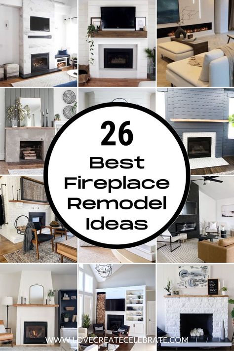 Updating 90s Fireplace, Fireplace Base Ideas, Fieldstone Fireplace Makeover, Wall Mounted Electric Fireplace Under Tv, Fireplace Mantle With Tv Above, Modern Wood Fireplace Surround, Corner Fireplace Makeover Ideas, Stone Fireplace Built Ins, Joanna Gaines Fireplace Ideas