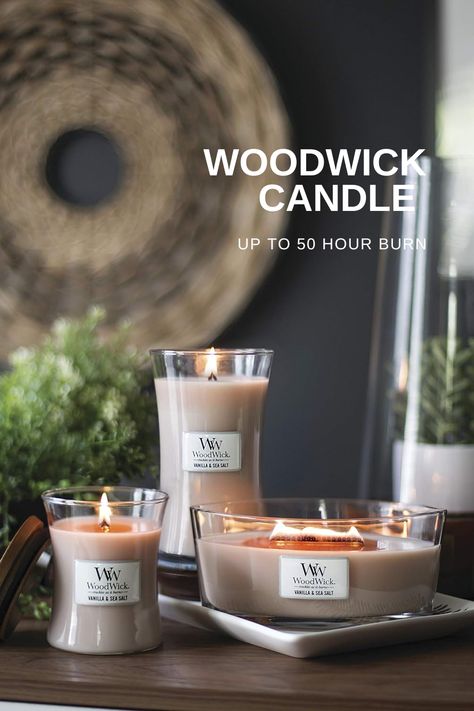 up to 50 hour burn, woodwick ellipse vanilla & sea salt scented candle #candle #woodwick #homedecor #interior Pumpkin Praline, Woodwick Candle, Kitchen Favorites, Candle Vanilla, Wood Wick Candles, Jar Candles, Favorite Kitchen, Sea Salt, Candle Jars