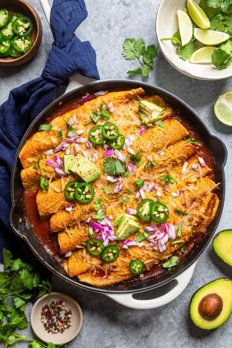 One Skillet Vegan Black Bean and Sweet Potato Enchiladas Bbq Rice, Sweet Potato Enchiladas, Skillet Enchiladas, Potato Enchiladas, Black Bean And Sweet Potato, Bean And Sweet Potato, Korean Vegan, Vegan Nachos Cheese, Vegan Nachos