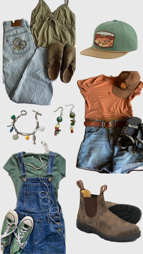 Grabola girl aesthetic outfits, crunchy vibes, blinds tone boots, overalls, green t-shirt, green converse, jean shorts, leather belt, orange shirt, Texas, Birkenstock clogs, jeans, green tank top, national park hat, hem jewelry, beaded bracelet, beaded earrings, collage of outfits Cute Granola Outfits, Granola Girl Summer Outfits, Thigh High Boots Outfits, Burgundy Boots Outfit, Granola Girl Style, Summer Camp Outfits, Outdoorsy Outfits, Granola Girl Outfits, Granola Outfits