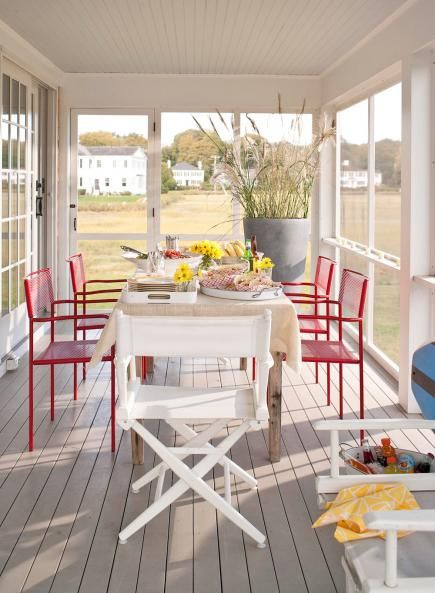 New England Cottage, Indoor Porch, Red Chairs, Porch Design Ideas, Building A Porch, Diy Outdoor Decor, House With Porch, Diy Pergola, Porch Design