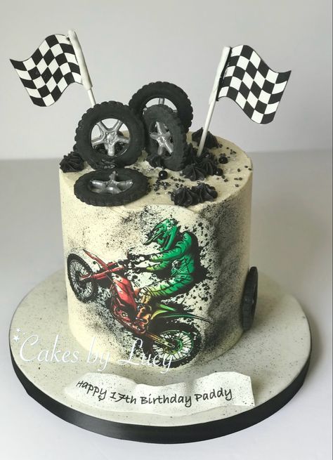 Motorbike themed 17th birthday cake Motorbike Cakes, Cake Motorcycle, Motocross Cake, Motorcycle Birthday Cakes, 17th Birthday Cake, Minecraft Cake Designs, Motorbike Cake, Motorcycle Cake, Motorcycle Birthday