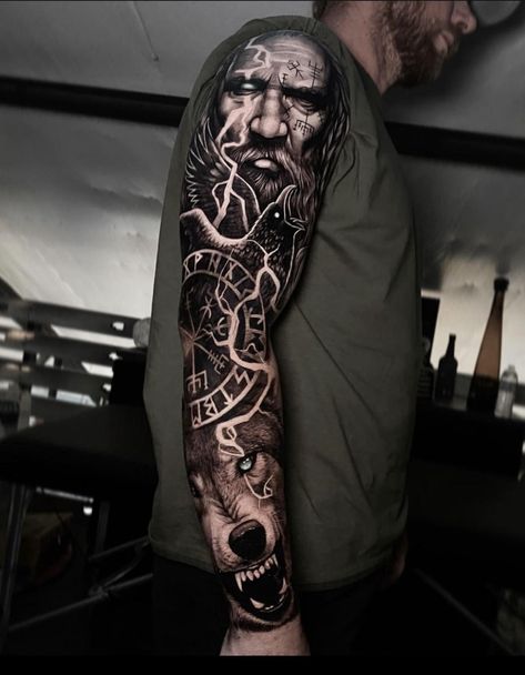 Norse Tattoo Sleeve Vikings, Nordic Mythology Tattoo Sleeve, Nordic Full Sleeve Tattoo, Nordic Arm Sleeve Tattoo, Norse Leg Sleeve, Thor Sleeve Tattoo, Norse Mythology Tattoo Men, Irish Viking Tattoos For Men, Viking Tattoos Arm