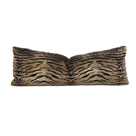 Classic tiger pillow made from luxe Italian Velour Velvet. With a silky, super soft feel, this fabric is divine! Elegant yet comfy. The same brown with a bronze sheen designer fabric is used on both sides, and the covers are sewn with a hidden zipper at the bottom.  *The same fabric is on Both Sides *Filled with a plump down/feather insert.. *Constructed with tapered corners, hidden zipper closure at the bottom, and serged interior seams. *Fabric composition: Viscose - 49%, Cotton - 36%, Acrylic Tiger Print Pillow, Tiger Home Decor, Tiger Pillow, Throw Pillow Inspiration, Animal Print Pillow, Throw Pillows Living Room, Room Goals, Velvet Pillow, Nyc Apartment