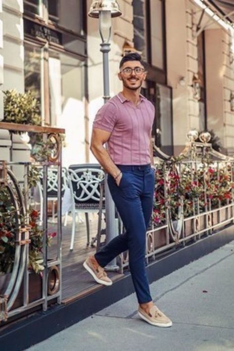 Pink Polo with Blue Pants Hot Weather Outfits For Men (6 ideas & outfits) | Lookastic Purple Polo Outfit, Blue Pants Outfit Men, Purple Pants Outfit, Blue Outfit Men, Polo Outfit Men, Polo Shirt Outfit Men, Blue Pants Outfit, Outfit Ideas Pink, Loafers Men Outfit