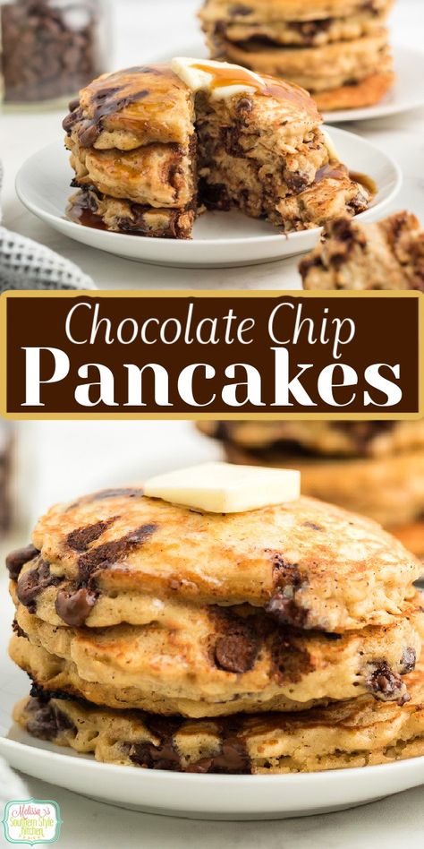 Chocolate Chip Pancakes Homemade Chocolate Chip Pancakes, Syrup Pancakes, Chocolate Chip Pancakes Recipe, Chocolate Chip Pudding Cookies, Pancake Bites, Pancake Toppings, Chocolate Chip Pancakes, Comfort Food Southern, Chocolate Banana Bread