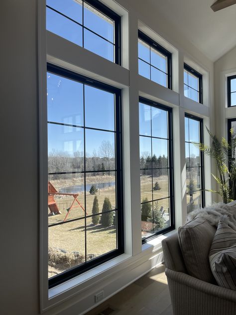 Large Square Window, Living Room Full Of Windows, Picture Window With Grids, Picture Windows Living Room Ideas, Farmhouse With Big Windows, Living Room Windows Large, Living Room Wall Of Windows, Big Living Room Windows, Cottage Panelling